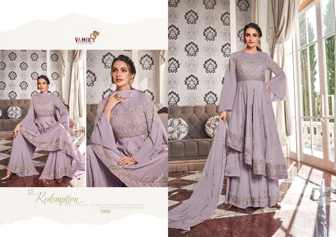 Vamika- Riyaaz - Georgette Heavy Embroidery With Handwork Kurti With Pant And Georgette Dupatta-7002